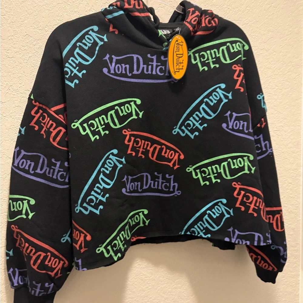 Von Dutch Women's Black Crop Hoodie with Colorful Logo Pattern size L - Picture 3 of 7
